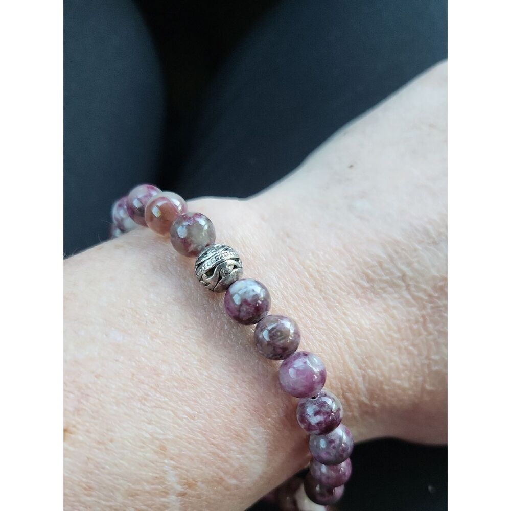 Beaded Purple Stone Stretch Bracelet with Silver Accent